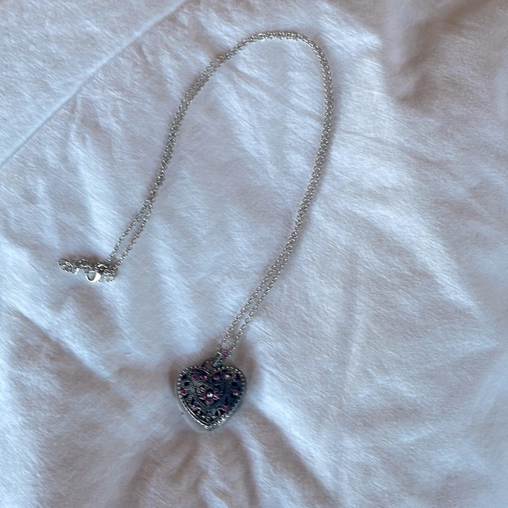 Costume jewelry silver locket necklace magenta rhinestones in heart